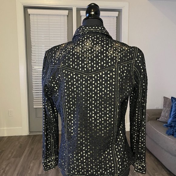 NWOT Yak Magik Vintage Artsy Eyelet Embroidered Jacket Black w/ Tan Lining Small - Picture 2 of 13